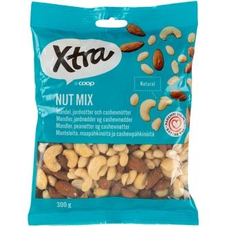 Xtra manteleita, kuorettomia maapähkinöitä ja cashewpähkinöitä 300 g kalorit ja ravintosisältö