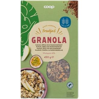 Coop granola kaakao, omena ja passionhedelmä 450 g kalorit ja ravintosisältö - 417 kcal