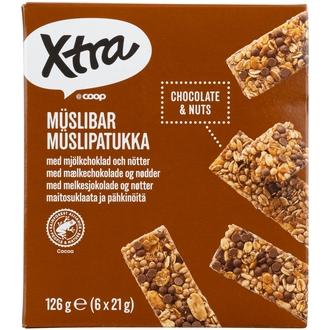 Xtra myslipatukka suklaa ja pähkinä 6 kpl 126 g kalorit ja ravintosisältö - 426 kcal