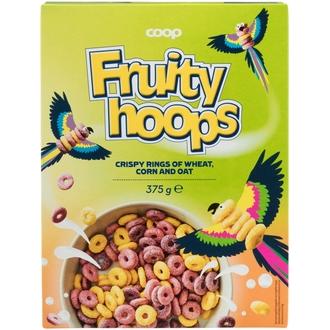Coop Fruity Hoops rapeat rinkulat 375 g kalorit ja ravintosisältö - 385 kcal