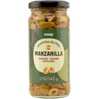 Coop Manzanilla vihreät viipaloidut oliivit 235/142 g kalorit ja ravintosisältö