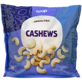 Coop cashewpähkinät suolaamaton 500g kalorit ja ravintosisältö