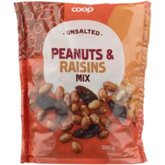 Coop maapähkinä-rusinasekoitus suolaamaton 350g - ravintosisältö, kalorit ja ravintoarvot