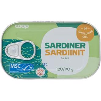 Coop sardiinit öljyssä MSC 120/90g kalorit ja ravintosisältö