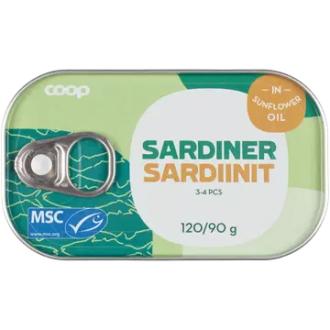 Coop sardiinit auringonkukkaöljyssä MSC 120/90 g kalorit ja ravintosisältö