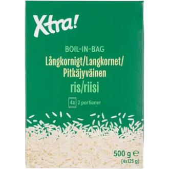 Xtra boil-in-bag pitkäjyväinen riisi 4x125g, 500 g kalorit ja ravintosisältö