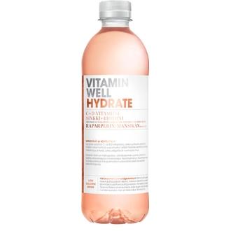 Vitamin Well Hydrate, raparperin ja mansikan makuinen vitaminoitu hiilihapoton juoma 500ml kalorit ja ravintosisältö