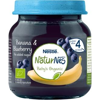 Nestlé Naturnes 125G Luomu Banaania Ja Mustikkaa Marja- Ja Hedelmäsose 4Kk kalorit ja ravintosisältö