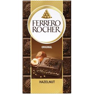 Ferrero Rocher Original -maitosuklaalevy 90g. Täytettyä maitosuklaata (60%) hasselpähkinätäytteellä (37%) ja hasselpähkinän paloilla. kalorit ja ravintosisältö