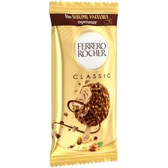 Ferrero Rocher Classic-jäätelö 50g. Hasselpähkinän makuista jäätelöä hasselpähkinä- ja kaakaoraidoilla- päällä maitosuklaata ja hasselpähkinäpaloja. kalorit ja ravintosisältö