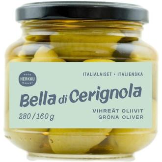 Herkku Bella di Cerignola italialaiset vihreät oliivit 280g/160g kalorit ja ravintosisältö - 144 kcal