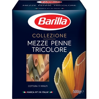 Barilla Collezione Mezze Penne Tricolore n.170 durumvehnäpasta tomaatilla ja pinaatilla 500g kalorit ja ravintosisältö