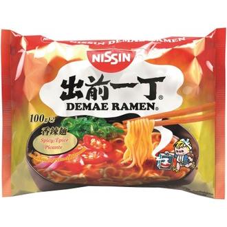 Nissin Demae Ramen japanilaistyylinen pikanuudelikeitto, mausteisen makuinen 100g kalorit ja ravintosisältö